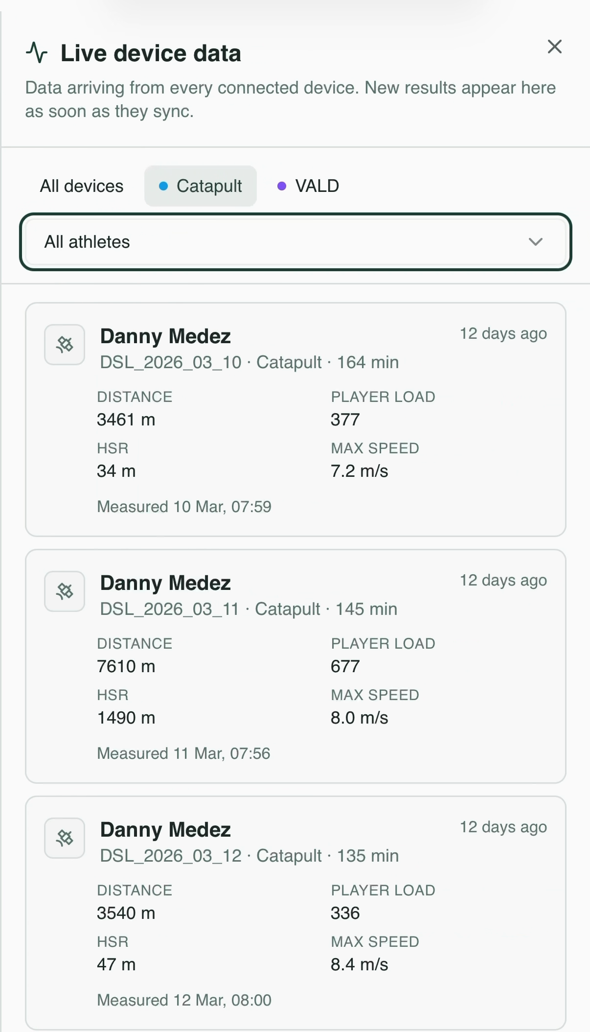 Gameplan live device data feed from Catapult and VALD