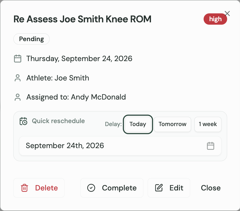 Gameplan task detail with quick reschedule