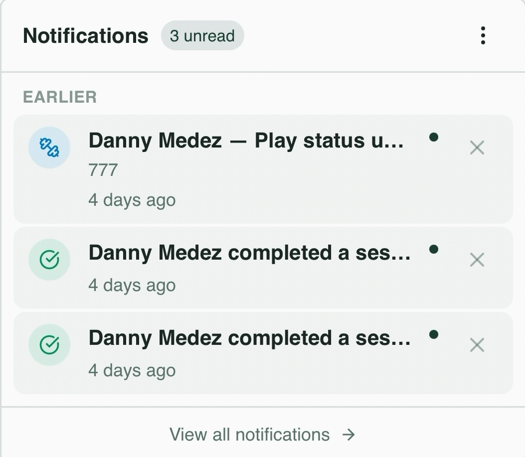 Gameplan notifications panel showing unread alerts